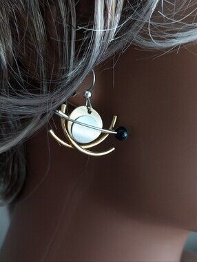 Modernist Gold and White Orb Drop Earrings with Black Accent